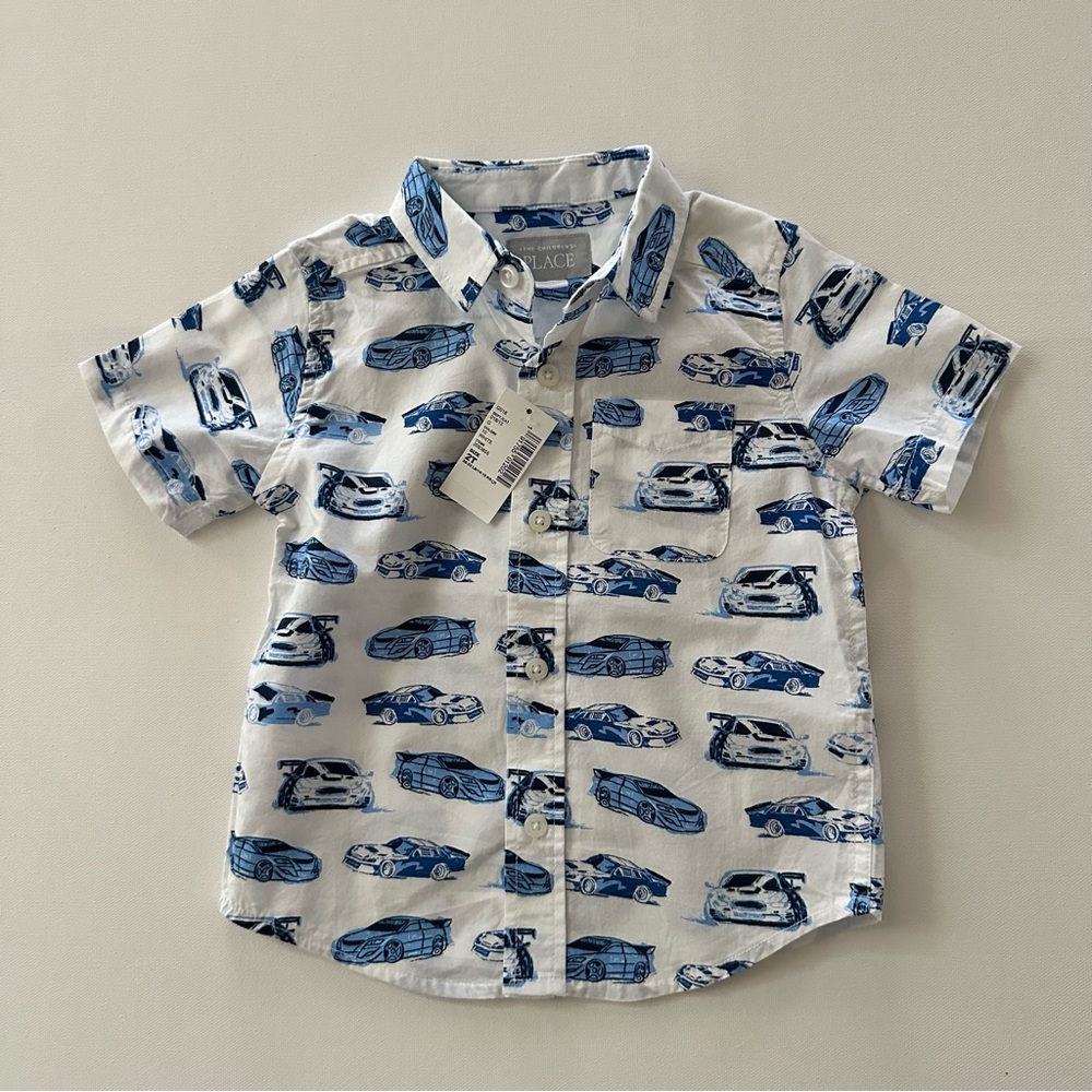The Children's Place 2T Toddler Boy White Button-Down Shirt Race Car Print NWT
